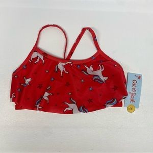 Cat & Jack Girls Red Unicorn Swimsuit Bikini Top M (7/8) UPF 50+.